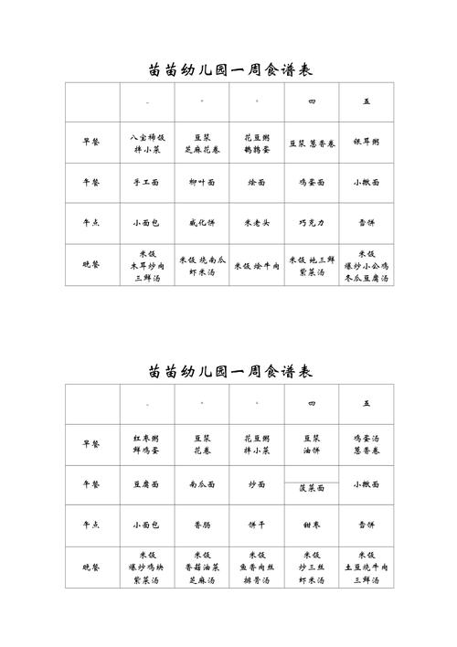 幼儿园食谱表-幼儿园食谱表格模板